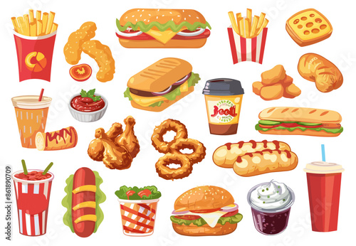 Fast food products set. Not healthy food and snacks. French fries chicken nuggets burger hotdog sandwich. Vector clipart collection