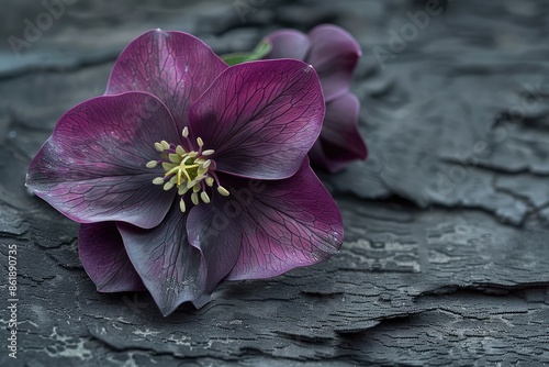 A blooming hellebore, its deep purple petals displayed against a charcoal textured backdrop. The image emphasizes the winter-blooming and resilient nature of the hellebore.