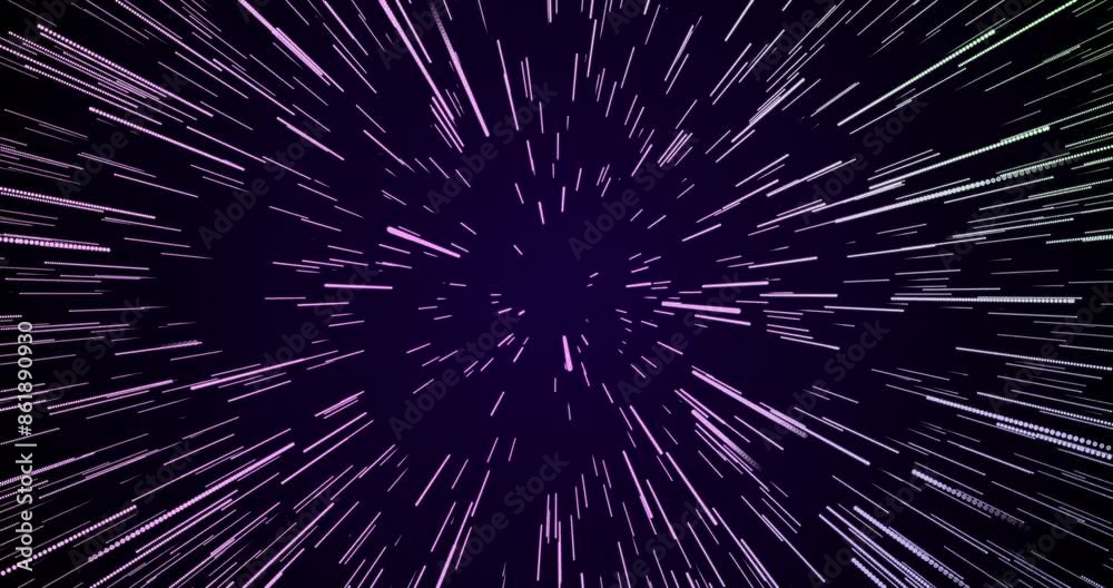 Pattern, flow and light ray with speed force in galaxy of futuristic particles, trails or stream glow for hyperspace jump. Abstract, fast travel or super beam of neon warp, teleportation or infinity