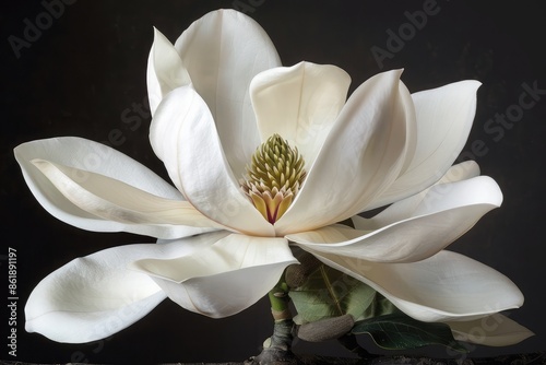 A blooming magnolia, its large white flowers open wide against a charcoal backdrop, showcasing the flowera??s ancient and enduring allure. photo