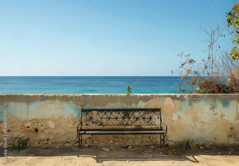 Obraz premium bench in front of a wall and a view to the beautiful Mediterranean sea