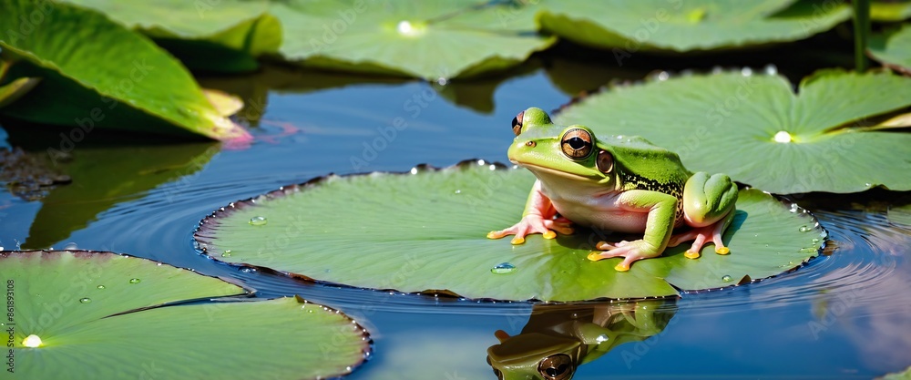 Green frog sitting on lily leaves at pond nature environment. Biology ecosystem. Generative AI Green frog sitting on lily leaves at pond nature environment. Biology ecosystem. Generative AI