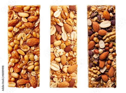 Set of nut protein bars, top down view, isolated on a transparent background