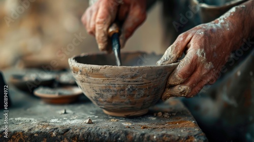 A potters hands carefully shape a clay bowl with a tool, showcasing the intricate details and craftsmanship involved in pottery making