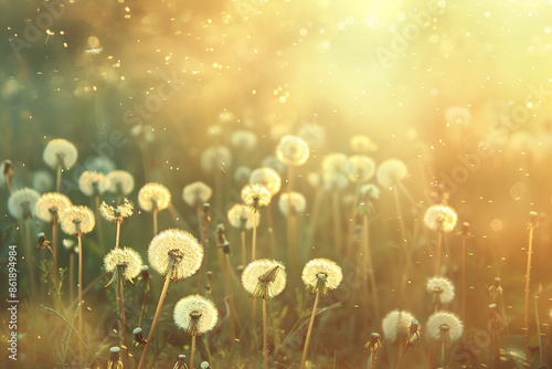 Vintage photo of abstract nature background with wild flowers and plants dandelions in sunlight © Areesha