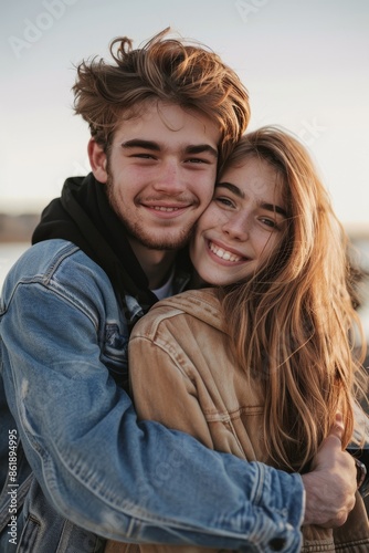 young couple hugging and smiling Generative AI