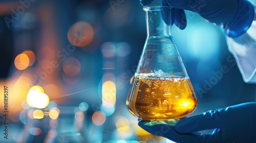 A scientists hand, wearing blue gloves, holds an Erlenmeyer flask filled with a yellow liquid. The flask is positioned in front of a blurred background of a laboratory