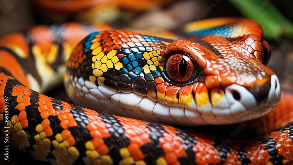 Close-up shot of a colorful snake with vibrant patterns of orange, yellow, black, and blue scales, highlighting its intricate texture and striking red eyes Close-up shot of a colorful snake with vibrant patterns of orange, yellow, black, and blue scales, highlighting its intricate texture and striking red eyes