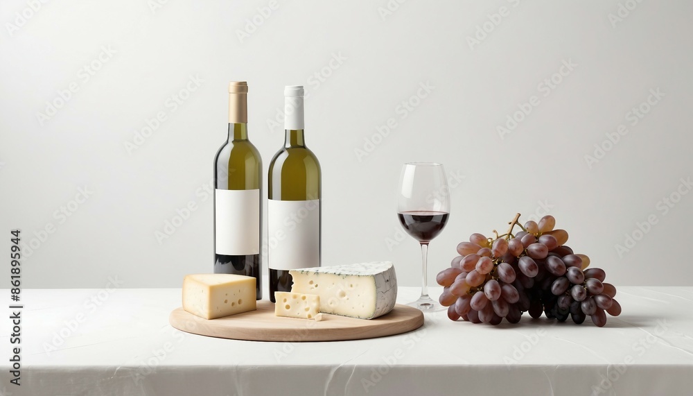 Naklejka premium wine and cheese with grape at restaurant, bright background.
