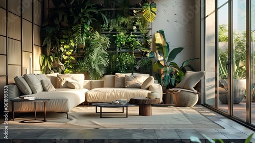 modern living room with plants, Light living room with green houseplants and furniture