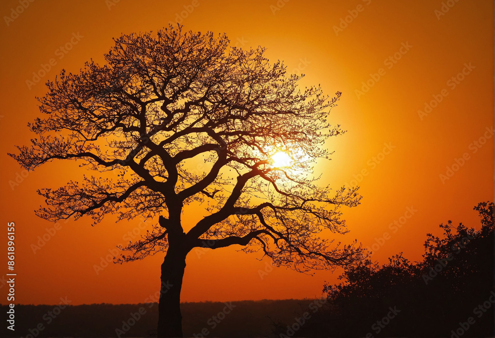 Dark tree on open field dramatic sunset Dark tree on open field dramatic sunset