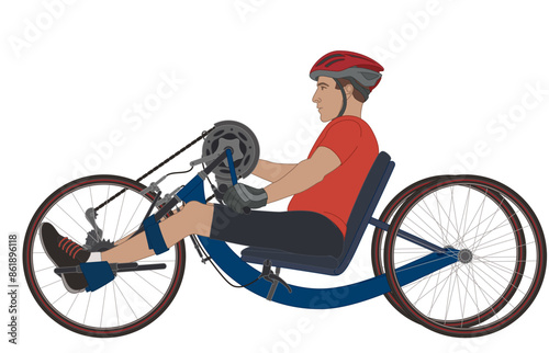 para sports adaptive off-road handcycling, male cyclist with a physical disability leaning back in a recumbent 3-wheel handcycle isolated on a white background
