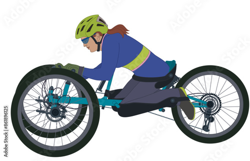 para sports adaptive off-road mountain biking, female cyclist with a physical disability kneeling forward in a recumbent 3-wheel handcycle isolated on a white background

