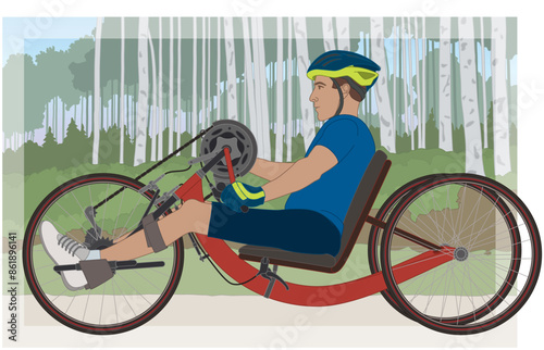 para sports adaptive off-road handcycling, male cyclist with a physical disability leaning back in a recumbent 3-wheel handcycle on a trail with an outdoor background
