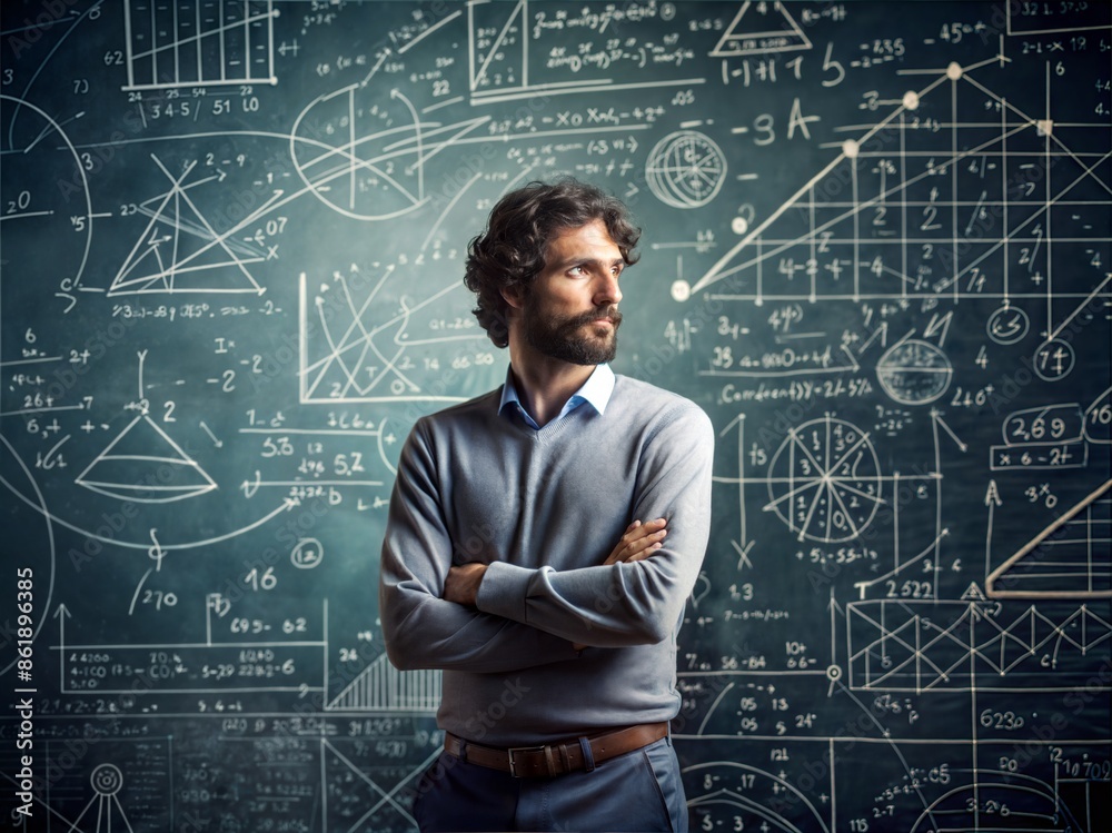 A thoughtful mathematician standing in front of a chalkboard filled with complex mathematical equations and diagrams. A thoughtful mathematician standing in front of a chalkboard filled with complex mathematical equations and diagrams.