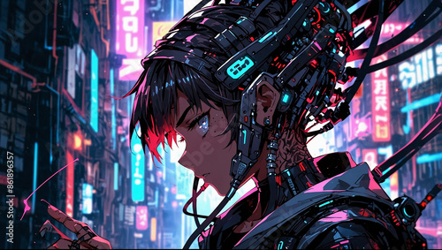 Futuristic 3D render anime cyberpunk characters cartoon video game magenta neon city lights night