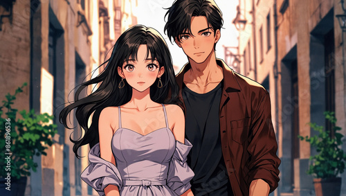 Fancy anime couple wearing trendy fashion glamour clothes having romantic date hugging and kissing