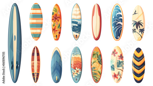 Surfboard set. Surfing board clipart. Summer water activity tools design. Surf sport equipment, ocean beach lifestyle. Cartoon flat vector set