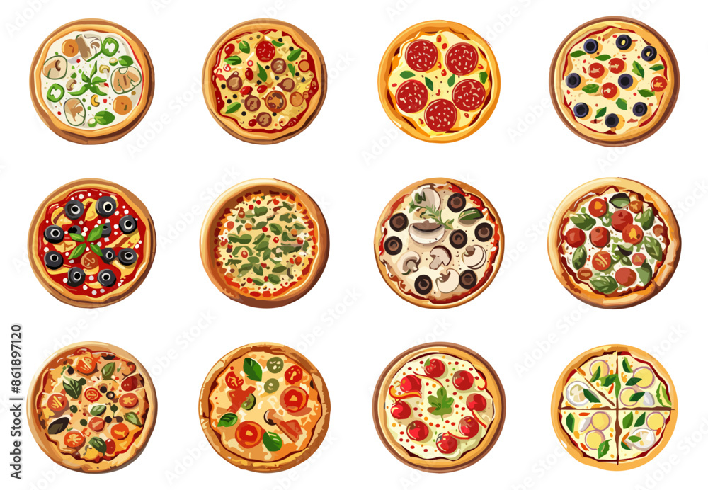 Top view of pizza. Pizzas with different toppings. Tasty italian fast food. Baked crusty meals with cheese salami tomato. Simple cartoon vector graphic set Top view of pizza. Pizzas with different toppings. Tasty italian fast food. Baked crusty meals with cheese salami tomato. Simple cartoon vector graphic set