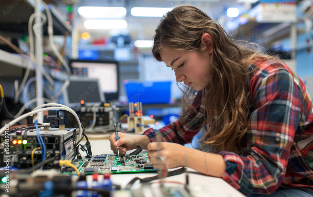 A young woman is working on electronic components using tools to solder the circuit board in an engineering lab
