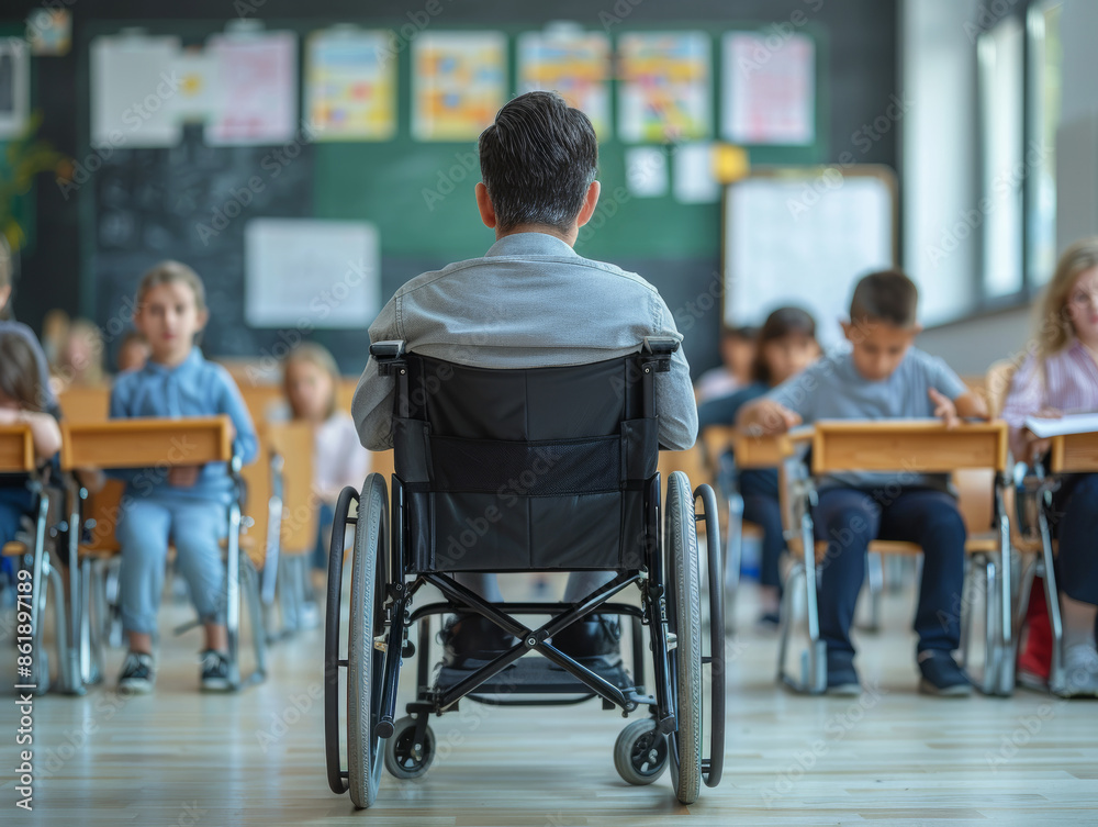 Rear view of a man teacher in a wheelchair looking at the children in front of him who are sitting at their desks in rows in a school classroom Rear view of a man teacher in a wheelchair looking at the children in front of him who are sitting at their desks in rows in a school classroom