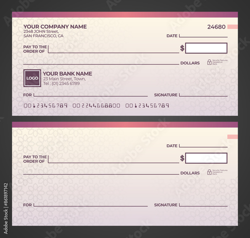 Blank bank check. Checkbook cheque template. Checkbook cheque template with purple theme. Money payment voucher or pay cash cheque certificate.