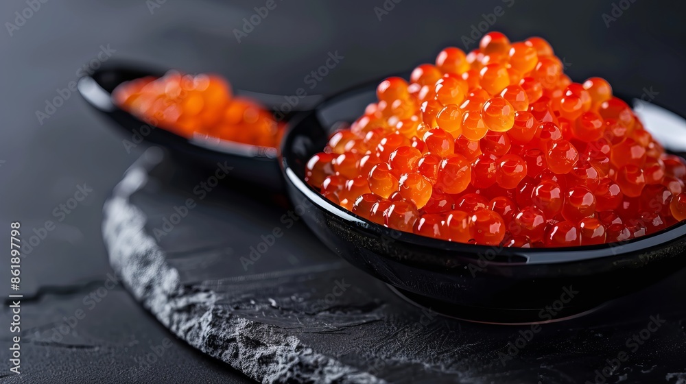 Appetizing black spoon overflowing with bright red caviar on a solid black plate. Behind them is a dark gray stone table. Appetizing black spoon overflowing with bright red caviar on a solid black plate. Behind them is a dark gray stone table.