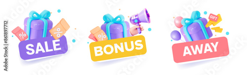 3d purple gift with the inscription Bonus, Sale and Gift Away
