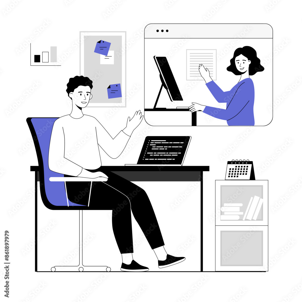 Video call, virtual conference, online communication. Man talking and discussing business tasks via virtual video chat. Vector illustration with line people for web design. Video call, virtual conference, online communication. Man talking and discussing business tasks via virtual video chat. Vector illustration with line people for web design.