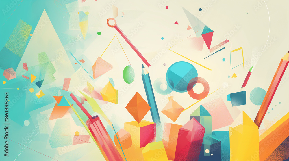 Dynamic back to school background with a burst of colorful geometric shapes and symbols representing different academic subjects