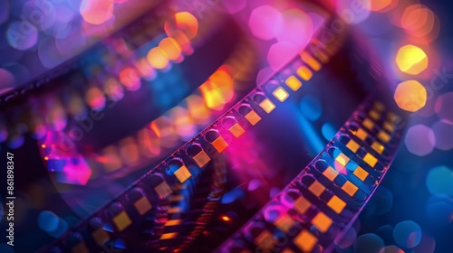 Close Up Of Film Strip With Colorful Bokeh Lights
