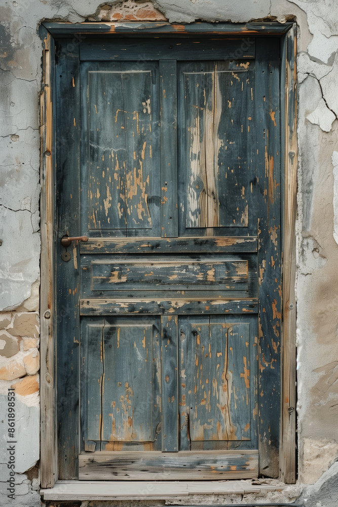 Distressed Blue Wooden Door with Peeling Paint and Weathered Surface Distressed Blue Wooden Door with Peeling Paint and Weathered Surface