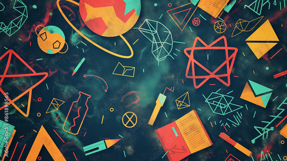 Dynamic back to school background with a burst of colorful geometric shapes and symbols representing different academic subjects