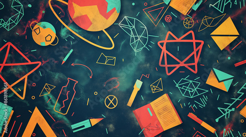 Obraz na płótnie Dynamic back to school background with a burst of colorful geometric shapes and symbols representing different academic subjects w salonie
