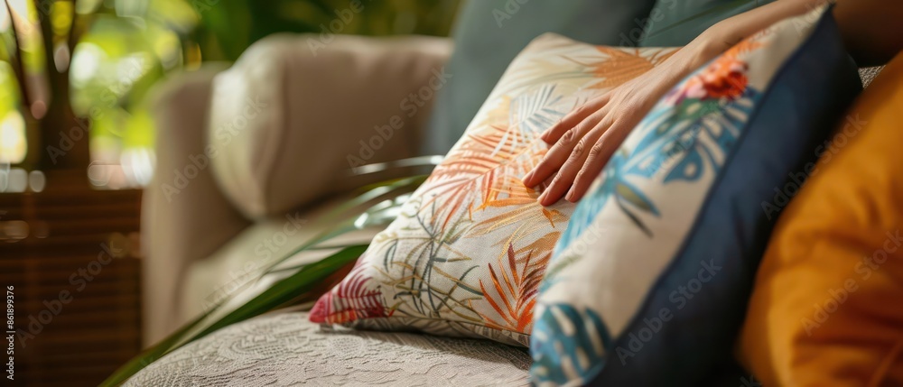 Closeup of a hand fluffing a decorative pillow on a couch, with copy space Closeup of a hand fluffing a decorative pillow on a couch, with copy space
