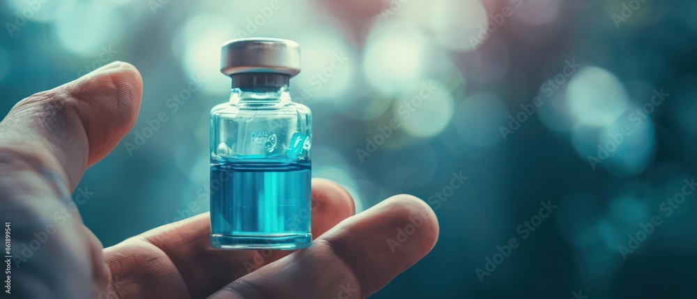 Closeup of a hand holding a vial of blue liquid, with room for text Closeup of a hand holding a vial of blue liquid, with room for text