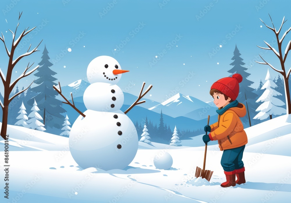 Obraz premium Child Building Snowman in Winter Wonderland