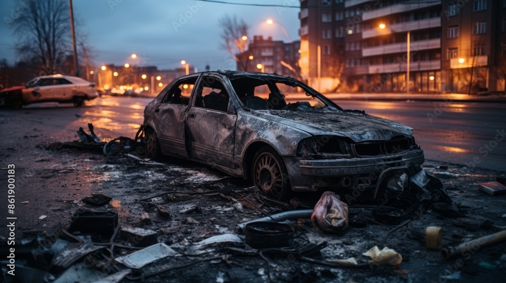 Fototapeta premium Urban twilight collision damaged vehicle, debris, blurred city traffic in background