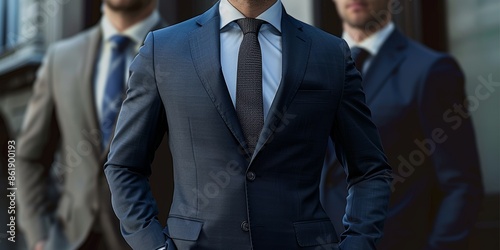Fashionable businessman exuding style and sophistication. Dressed in well fitted suit individual radiates confidence and professionalism.  photo
