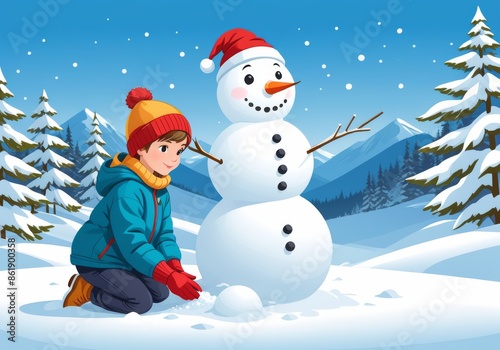 Child Building Snowman in Winter Wonderland