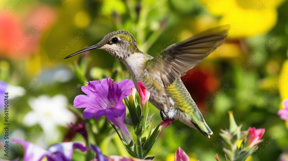 Naklejka premium A hummingbird hovering near vibrant wildflowers on a sunny day, its wings a blur in the bright, colorful setting
