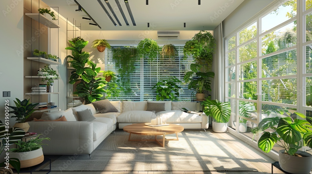 modern living room with plants, Light living room with green houseplants and furniture modern living room with plants, Light living room with green houseplants and furniture