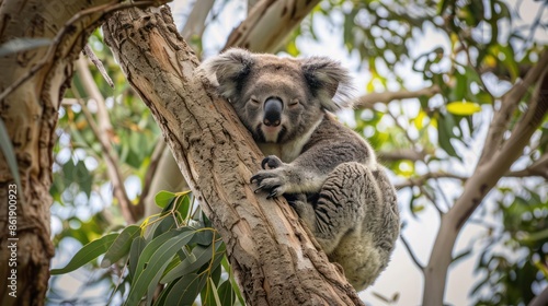 A koala perched sleepily in a eucalyptus tree, surrounded by a peaceful grove under a clear sky