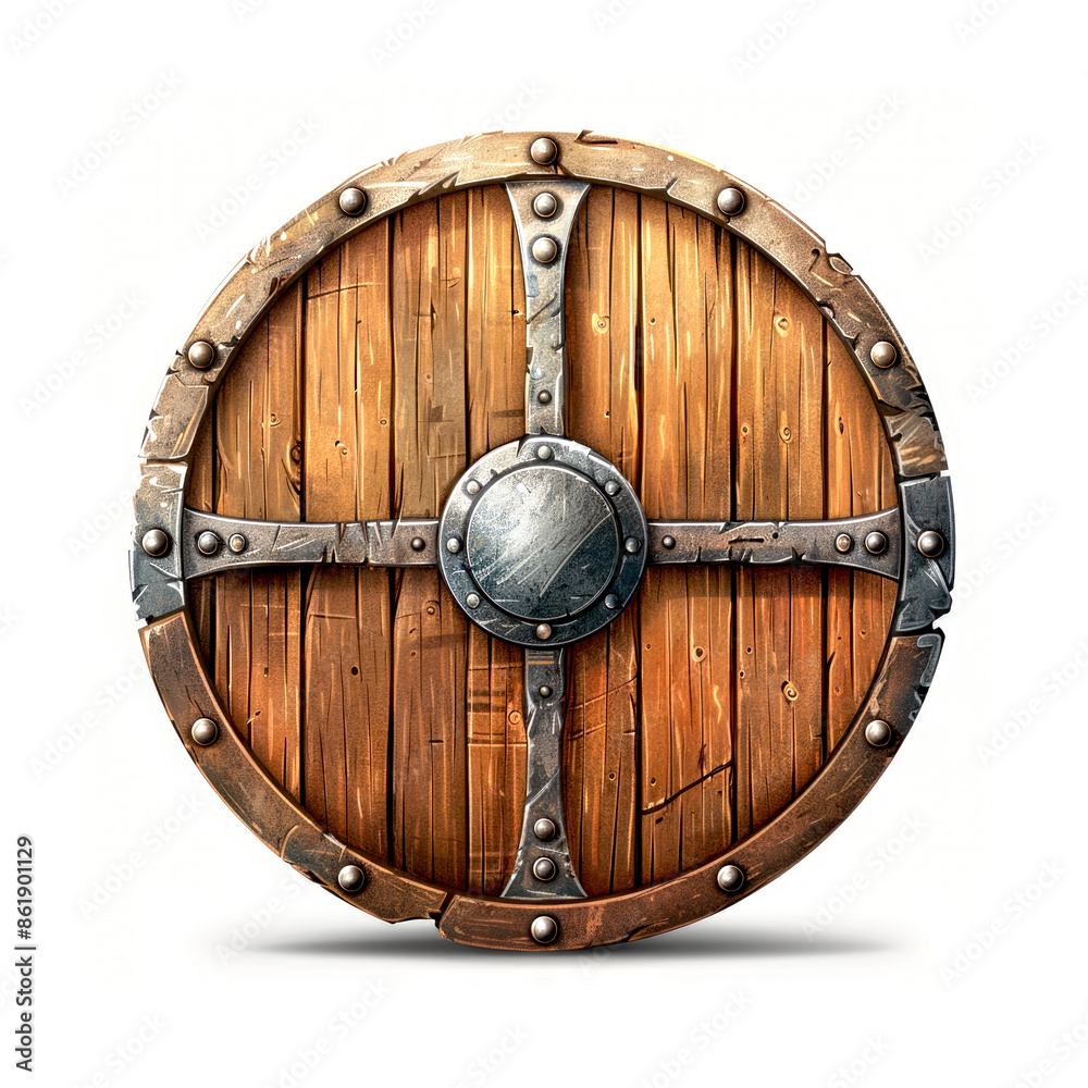 Fototapeta premium Old wooden Viking shield worn in battles, cartoon 2D illustration isolated on a white background
