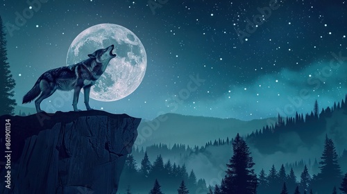 A lone wolf howling on a cliff under the full moon, pine forests stretching into the distance under a starry night sky
