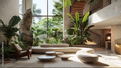 modern living room with plants, Light living room with green houseplants and furniture