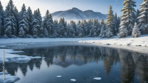 A serene winter scene with a frozen lake and snow-covered pine trees reflecting in the water. Generative AI