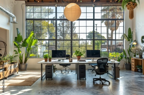 Modern Industrial Office Workspace With Natural Light and Greenery