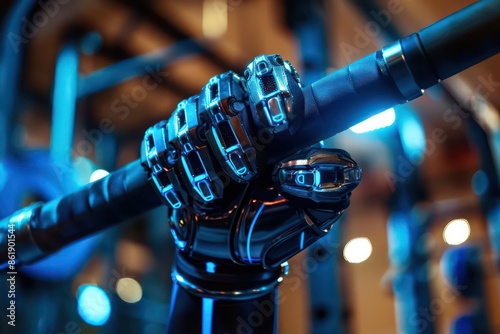 Closeup of robotic gloves gripping a hightech weightlifting bar