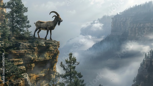A majestic mountain goat standing on a cliff edge, overlooking a deep gorge filled with fog and scattered evergreens